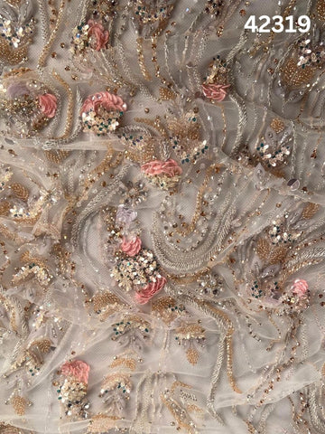 #42319 Exquisite Hand-Beaded Fabric with Floral Design – Lavishly Embellished with Delicate Sequins, Exotic Beads, Rhinestones, and Crystals for Couture, Bridal, and Luxury Fashion