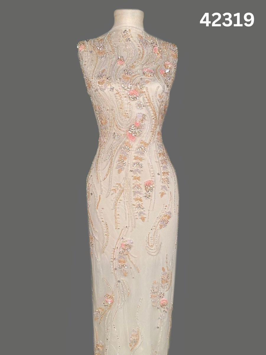 #42319 Exquisite Hand-Beaded Fabric with Floral Design – Lavishly Embellished with Delicate Sequins, Exotic Beads, Rhinestones, and Crystals for Couture, Bridal, and Luxury Fashion