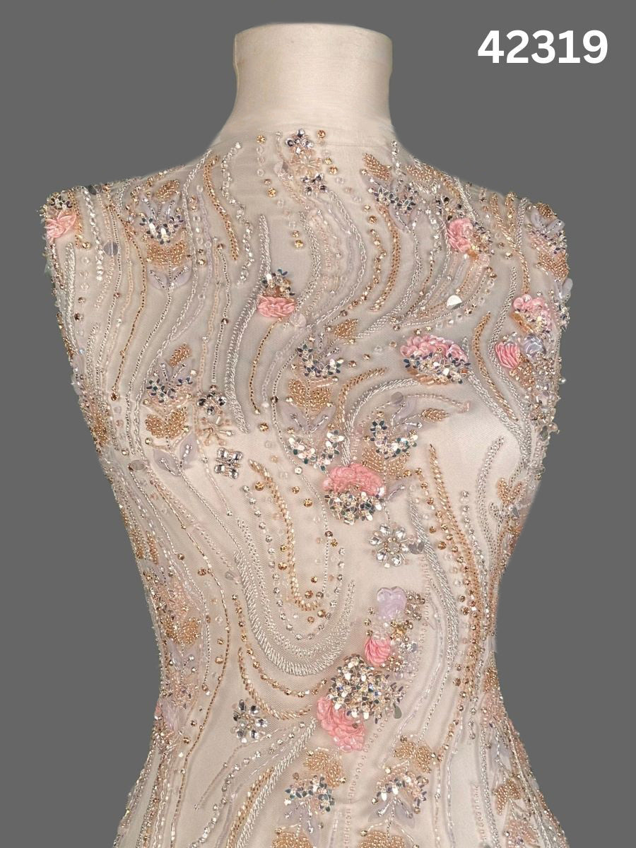 #42319 Exquisite Hand-Beaded Fabric with Floral Design – Lavishly Embellished with Delicate Sequins, Exotic Beads, Rhinestones, and Crystals for Couture, Bridal, and Luxury Fashion