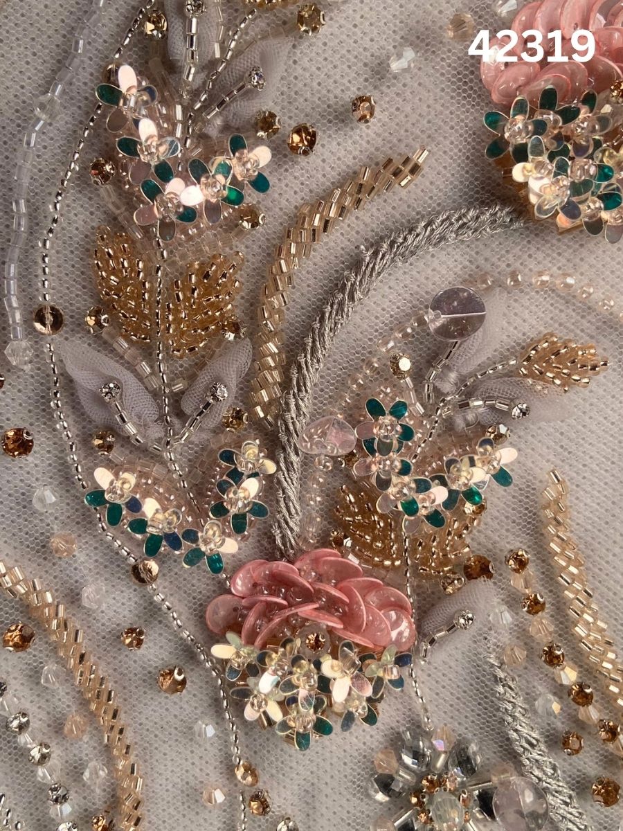 #42319 Exquisite Hand-Beaded Fabric with Floral Design – Lavishly Embellished with Delicate Sequins, Exotic Beads, Rhinestones, and Crystals for Couture, Bridal, and Luxury Fashion