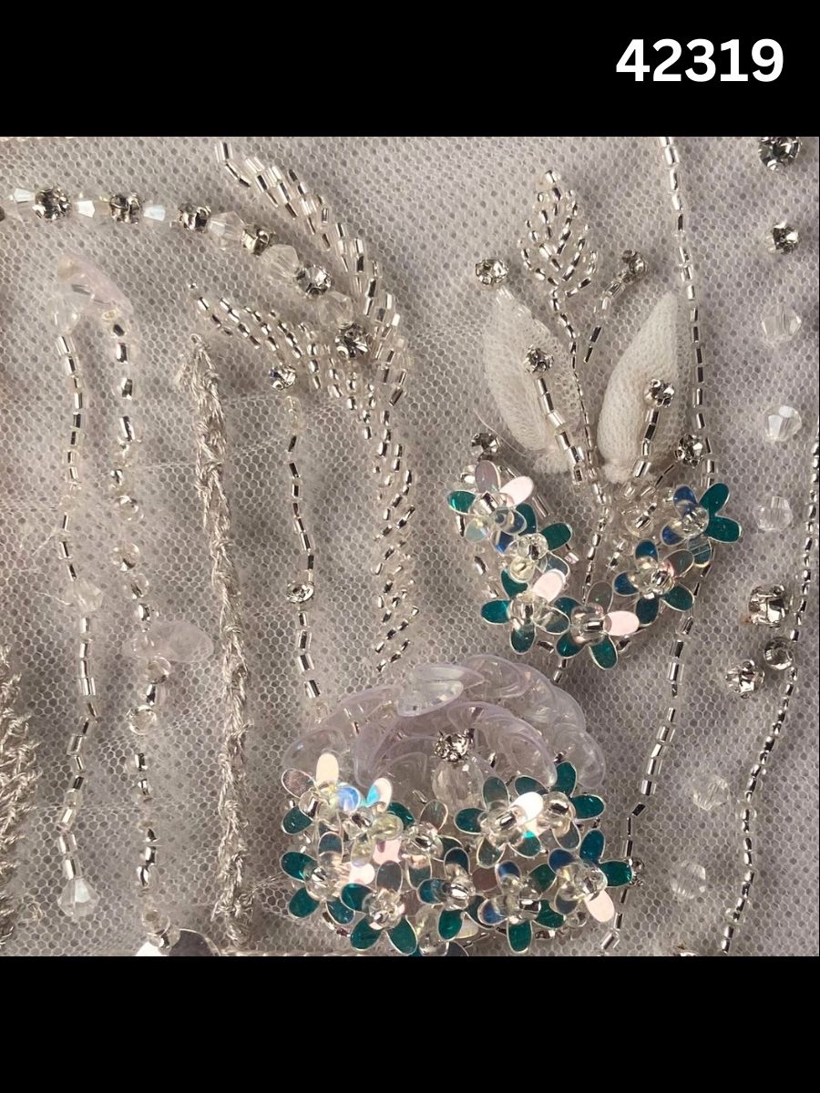 #42319 Exquisite Hand-Beaded Fabric with Floral Design – Lavishly Embellished with Delicate Sequins, Exotic Beads, Rhinestones, and Crystals for Couture, Bridal, and Luxury Fashion