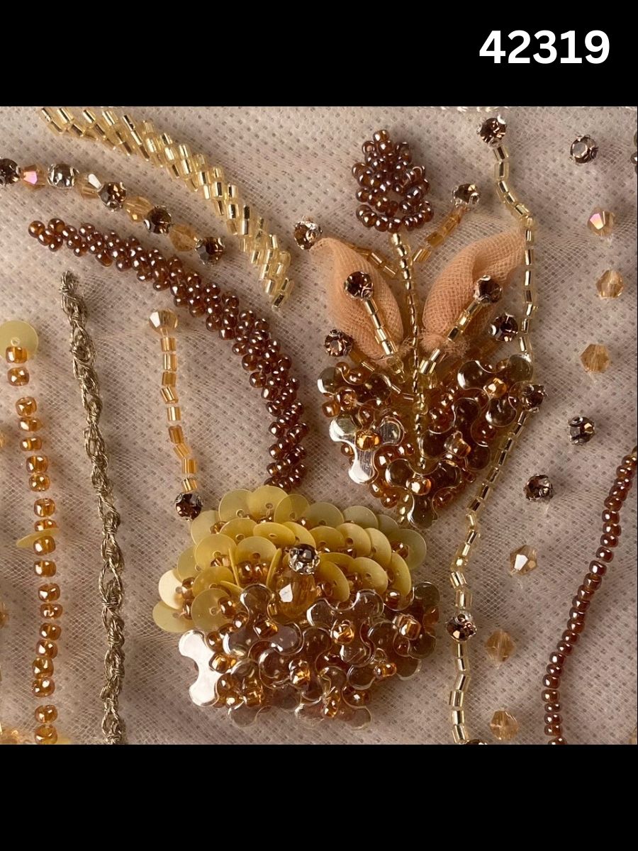 #42319 Exquisite Hand-Beaded Fabric with Floral Design – Lavishly Embellished with Delicate Sequins, Exotic Beads, Rhinestones, and Crystals for Couture, Bridal, and Luxury Fashion