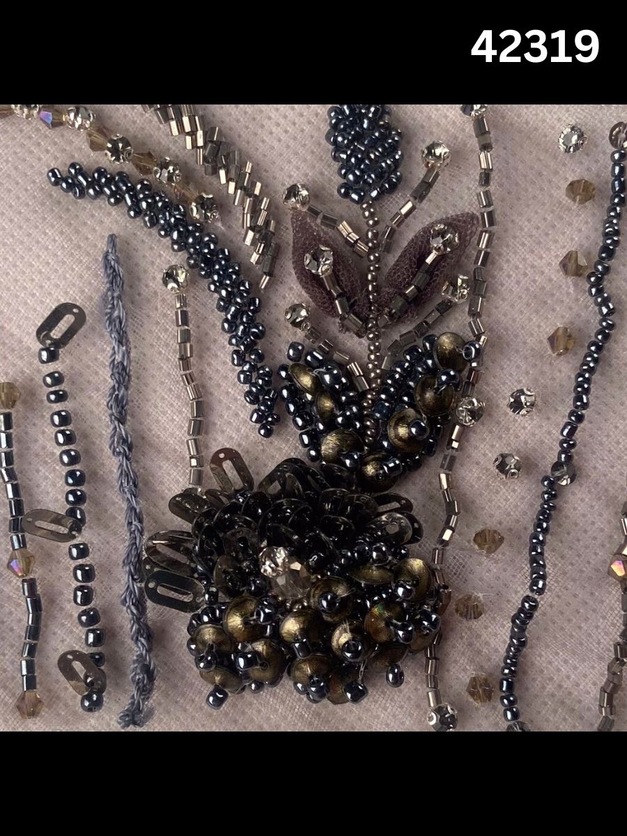 #42319 Exquisite Hand-Beaded Fabric with Floral Design – Lavishly Embellished with Delicate Sequins, Exotic Beads, Rhinestones, and Crystals for Couture, Bridal, and Luxury Fashion