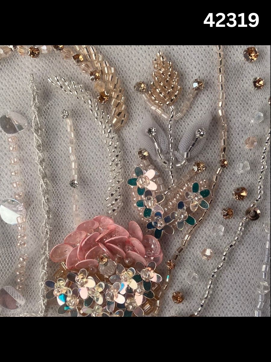 #42319 Exquisite Hand-Beaded Fabric with Floral Design – Lavishly Embellished with Delicate Sequins, Exotic Beads, Rhinestones, and Crystals for Couture, Bridal, and Luxury Fashion