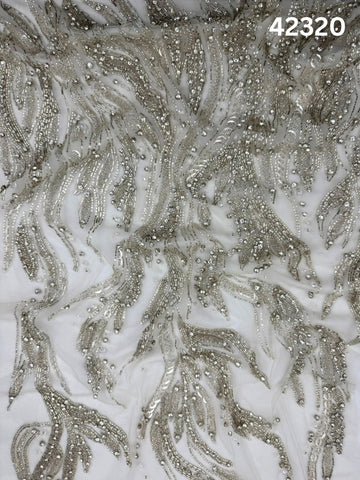 #42320 Opulent Hand-Beaded Fabric with Abstract Design – Embellished with Exotic Beads, Rhinestones, Sequins, and Crystals for Couture, Bridal, and High-Fashion Creations