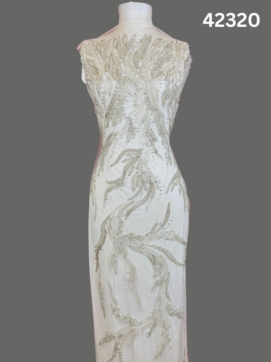 #42320 Opulent Hand-Beaded Fabric with Abstract Design – Embellished with Exotic Beads, Rhinestones, Sequins, and Crystals for Couture, Bridal, and High-Fashion Creations