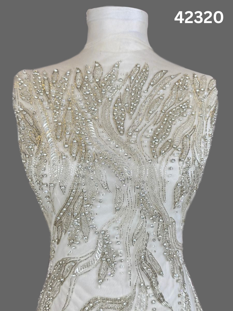 #42320 Opulent Hand-Beaded Fabric with Abstract Design – Embellished with Exotic Beads, Rhinestones, Sequins, and Crystals for Couture, Bridal, and High-Fashion Creations