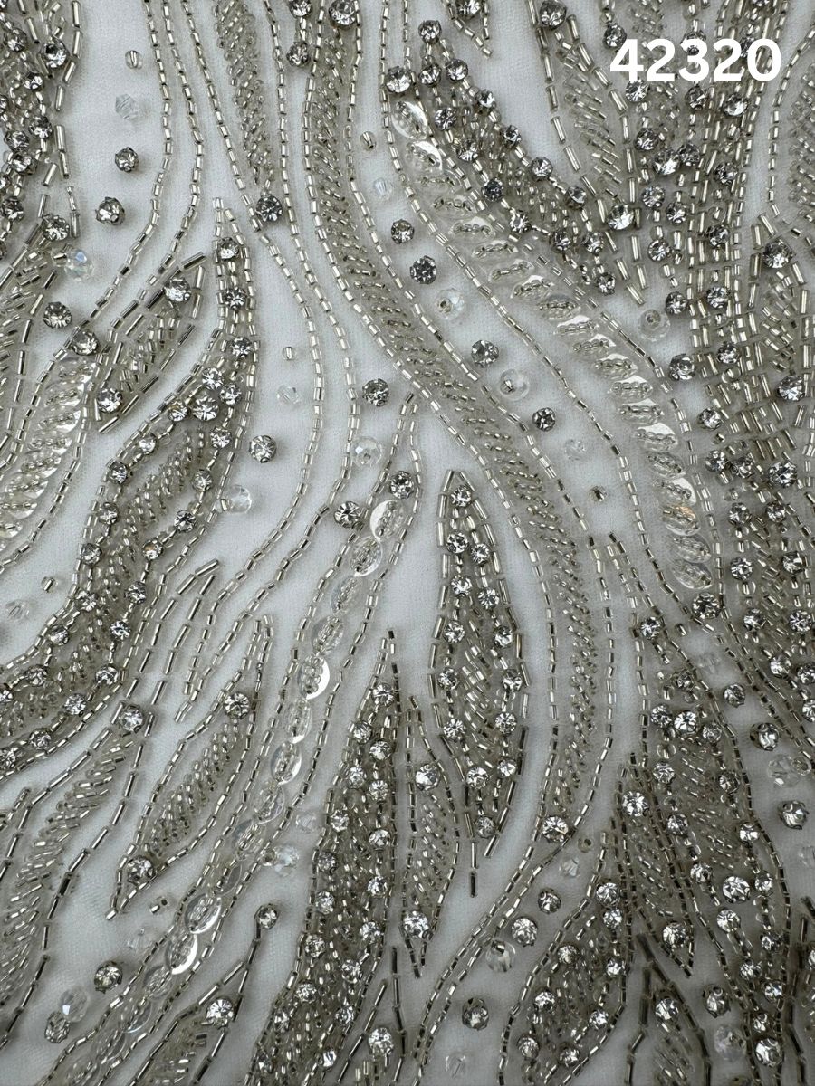 #42320 Opulent Hand-Beaded Fabric with Abstract Design – Embellished with Exotic Beads, Rhinestones, Sequins, and Crystals for Couture, Bridal, and High-Fashion Creations