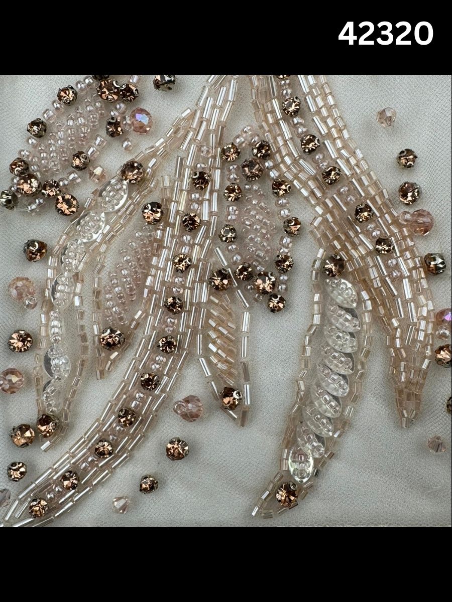 #42320 Opulent Hand-Beaded Fabric with Abstract Design – Embellished with Exotic Beads, Rhinestones, Sequins, and Crystals for Couture, Bridal, and High-Fashion Creations