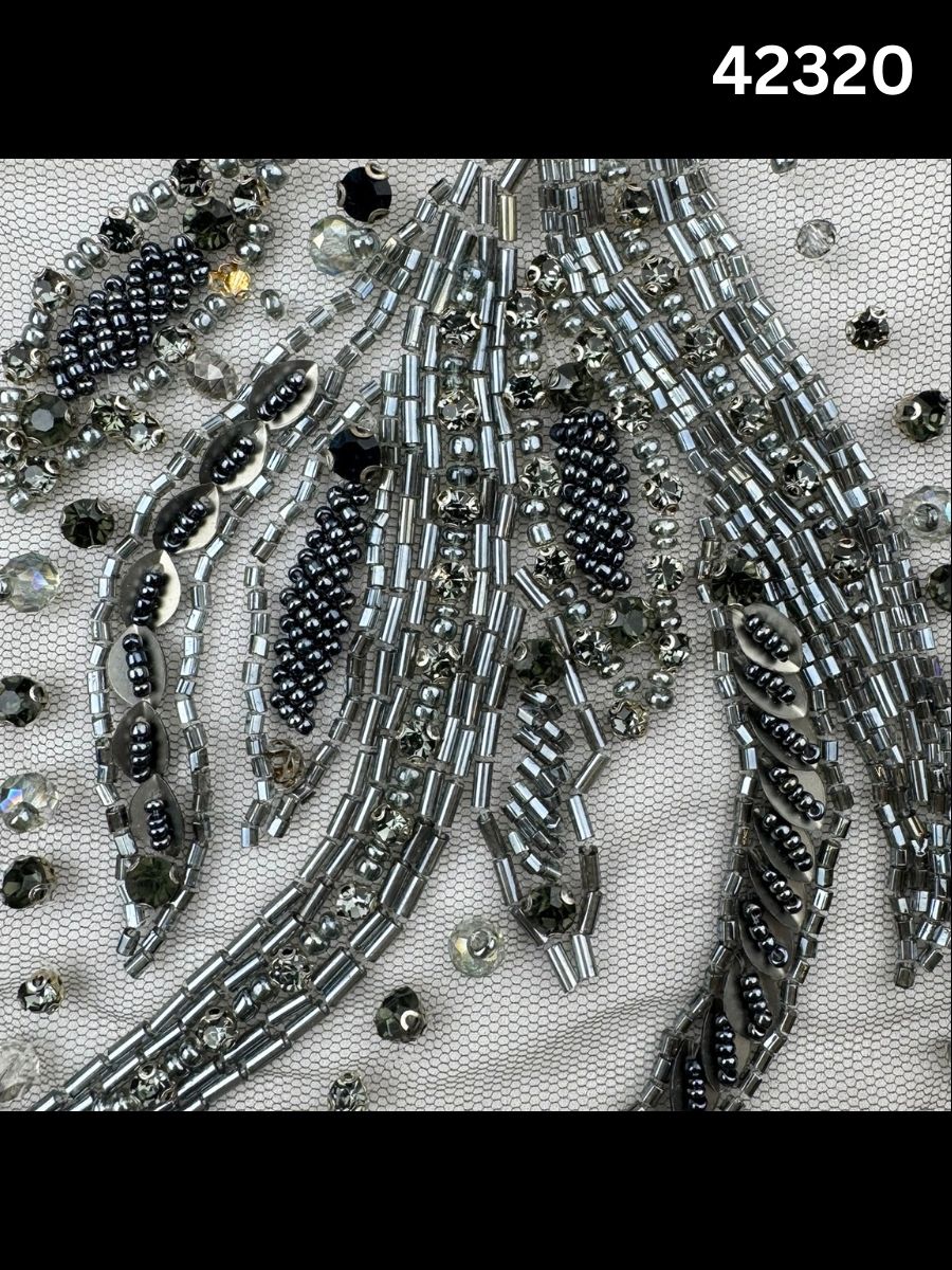 #42320 Opulent Hand-Beaded Fabric with Abstract Design – Embellished with Exotic Beads, Rhinestones, Sequins, and Crystals for Couture, Bridal, and High-Fashion Creations