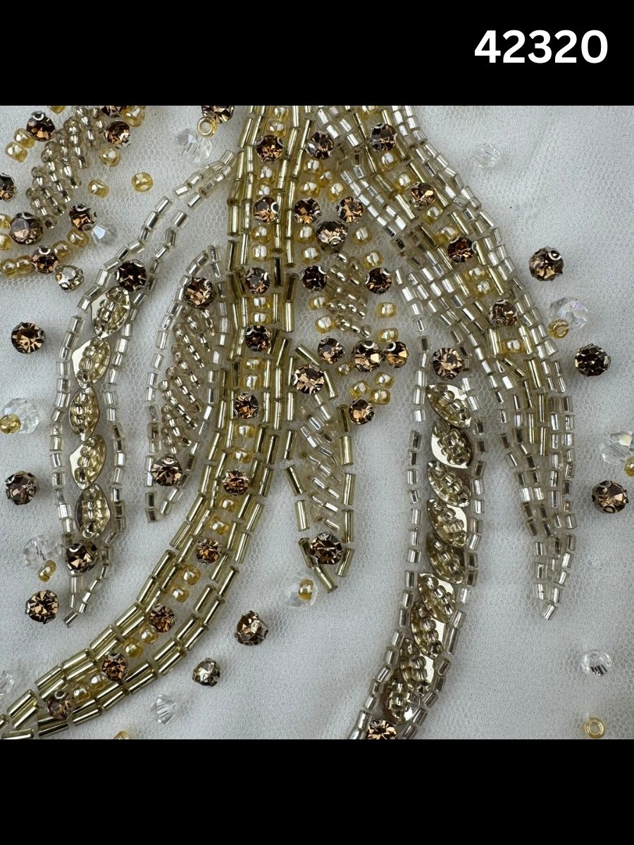 #42320 Opulent Hand-Beaded Fabric with Abstract Design – Embellished with Exotic Beads, Rhinestones, Sequins, and Crystals for Couture, Bridal, and High-Fashion Creations