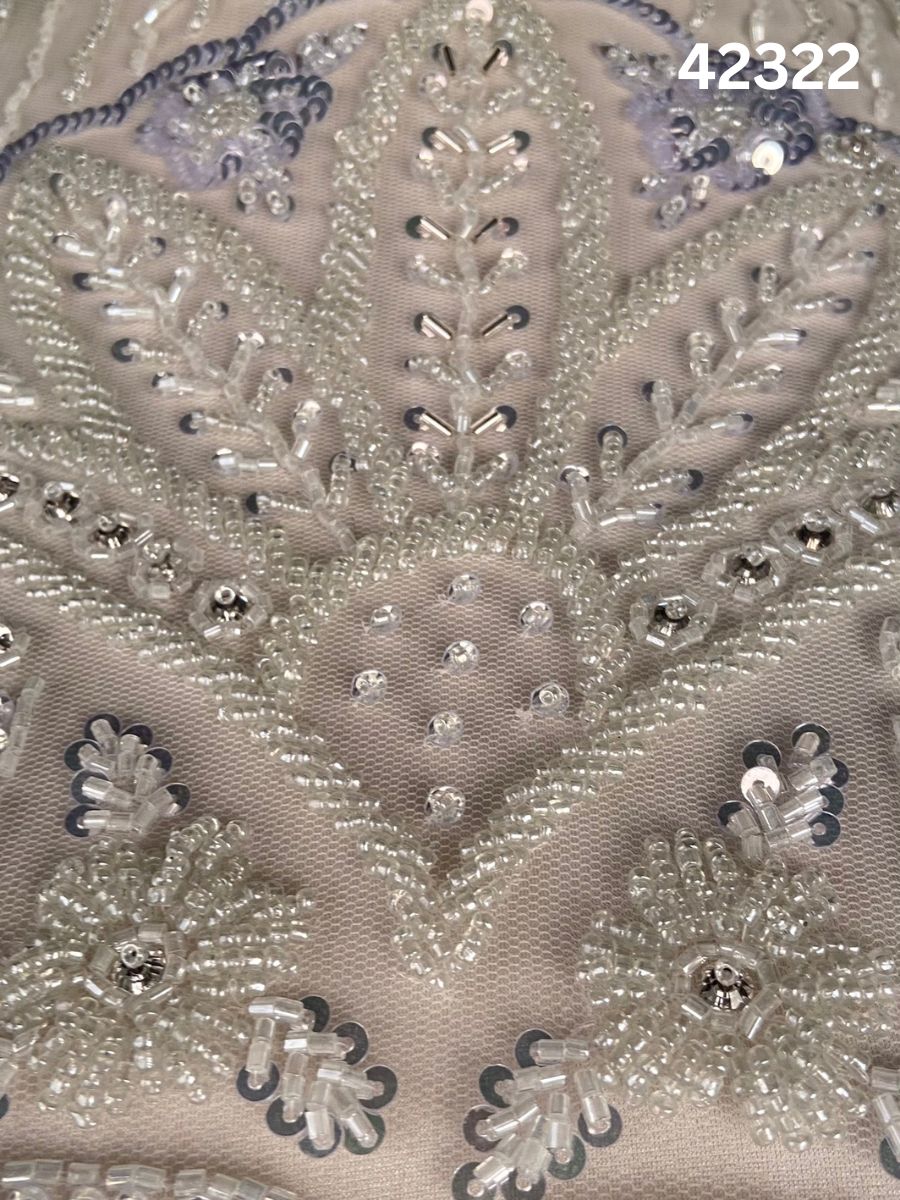 #42322 Elegant Hand-Beaded Fabric – Intricate Floral & Geometric Design Embellished with Beads, Sequins, and Fine Thread Work for Luxurious Creations