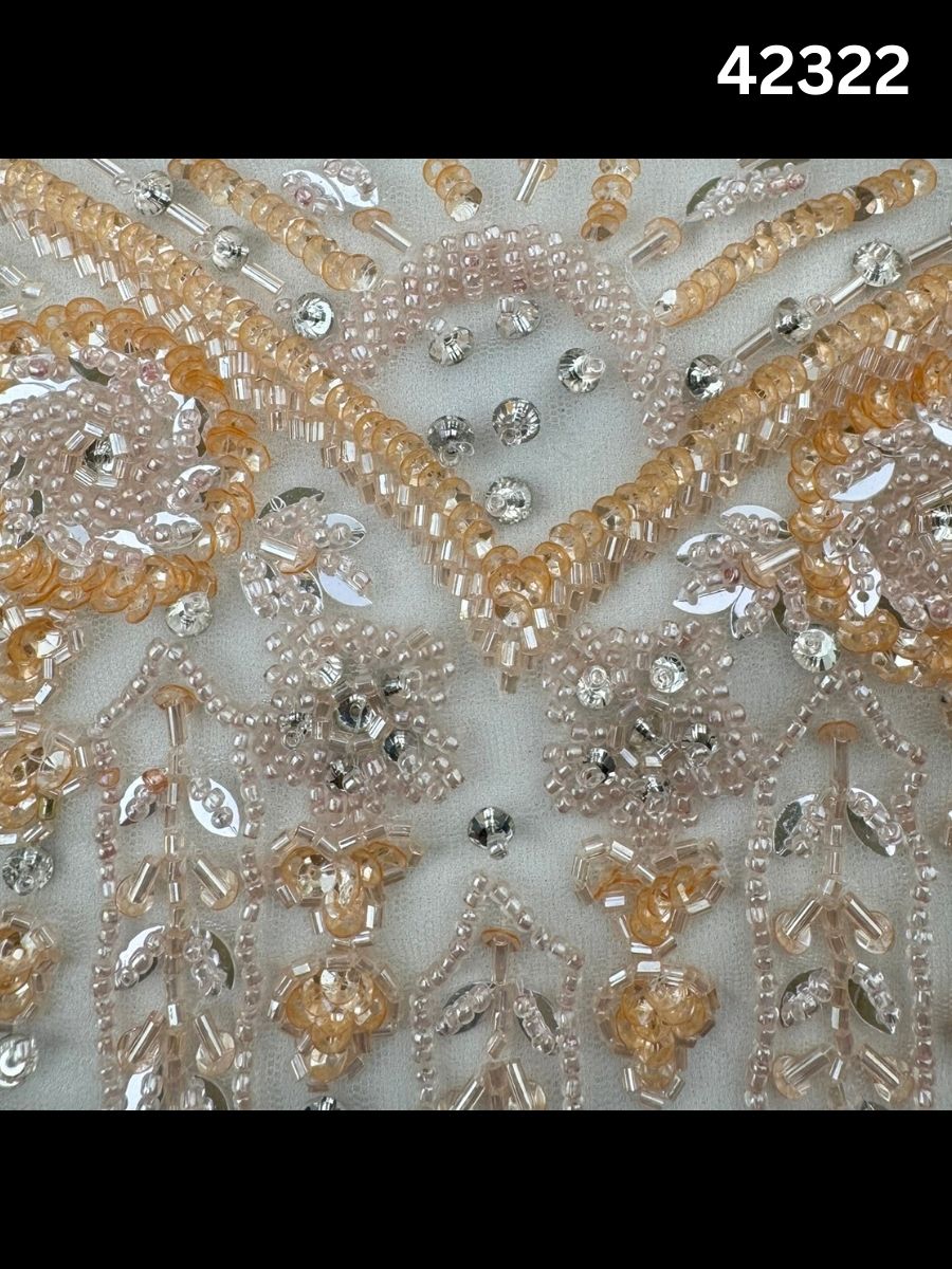 #42322 Luxurious Hand Beaded Fabric – Ornate Floral & Geometric Design with Exotic Beads, Sequins, and Rhinestones for Couture, Bridal, and High-End Fashion