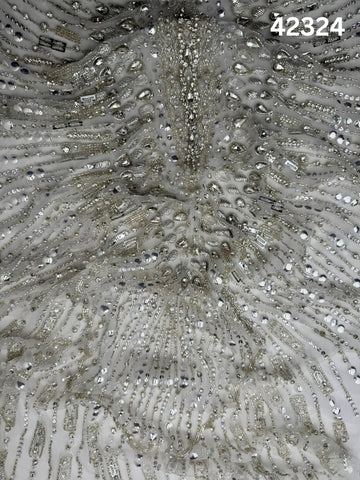 #42324 Luxurious Hand-Beaded Fabric with Asymmetric Design – Embellished with Rhinestones, Sequins, Beads, and Crystals for Couture, Bridal, and High-End Fashion