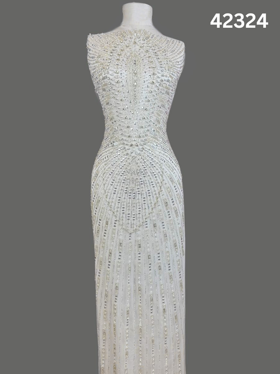 #42324 Luxurious Hand-Beaded Fabric with Asymmetric Design – Embellished with Rhinestones, Sequins, Beads, and Crystals for Couture, Bridal, and High-End Fashion