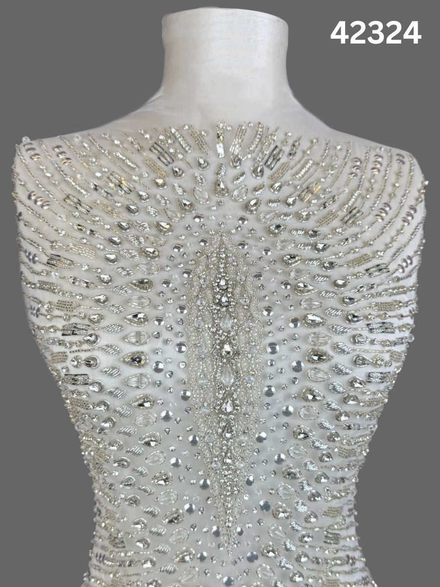 #42324 Luxurious Hand-Beaded Fabric with Asymmetric Design – Embellished with Rhinestones, Sequins, Beads, and Crystals for Couture, Bridal, and High-End Fashion
