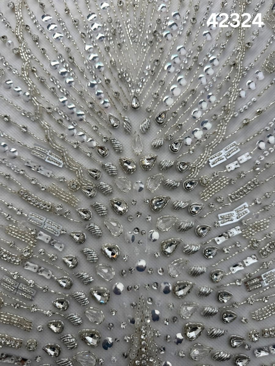#42324 Luxurious Hand-Beaded Fabric with Asymmetric Design – Embellished with Rhinestones, Sequins, Beads, and Crystals for Couture, Bridal, and High-End Fashion