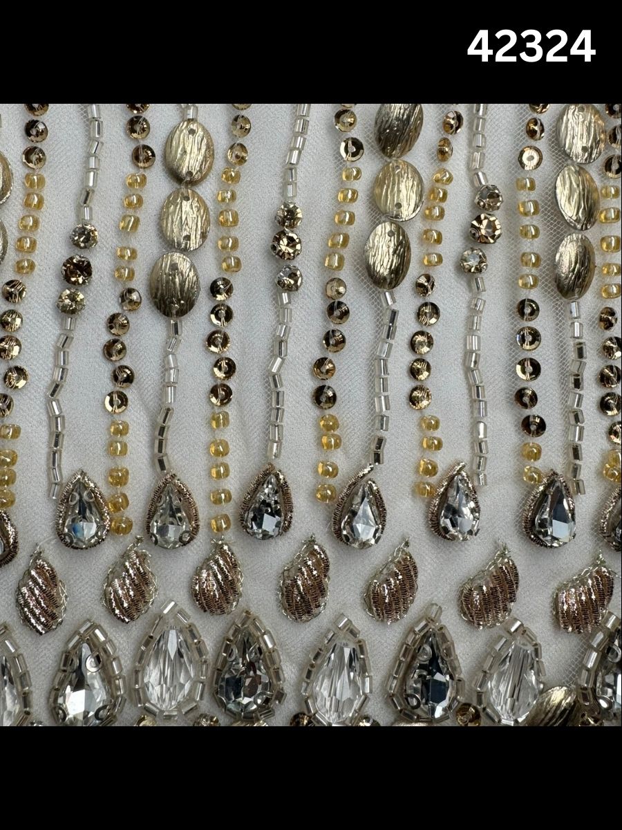 #42324 Luxurious Hand-Beaded Fabric with Asymmetric Design – Embellished with Rhinestones, Sequins, Beads, and Crystals for Couture, Bridal, and High-End Fashion