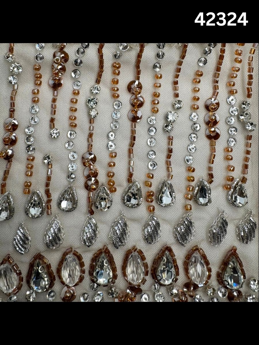 #42324 Luxurious Hand-Beaded Fabric with Asymmetric Design – Embellished with Rhinestones, Sequins, Beads, and Crystals for Couture, Bridal, and High-End Fashion