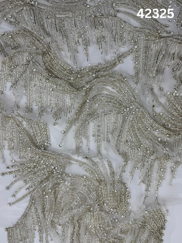 #42325 Elegant Hand-Beaded Fabric with Abstract Design – Intricately Embellished with Rhinestones, Beads, and Crystals for Couture, Bridal, and Luxury Fashion