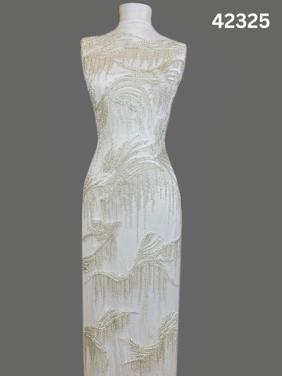 #42325 Elegant Hand-Beaded Fabric with Abstract Design – Intricately Embellished with Rhinestones, Beads, and Crystals for Couture, Bridal, and Luxury Fashion