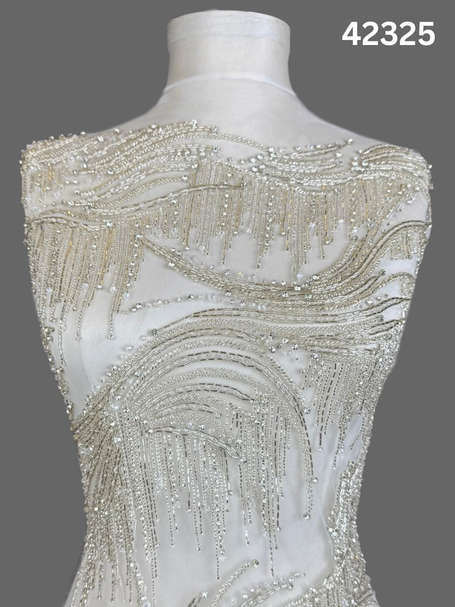 #42325 Elegant Hand-Beaded Fabric with Abstract Design – Intricately Embellished with Rhinestones, Beads, and Crystals for Couture, Bridal, and Luxury Fashion