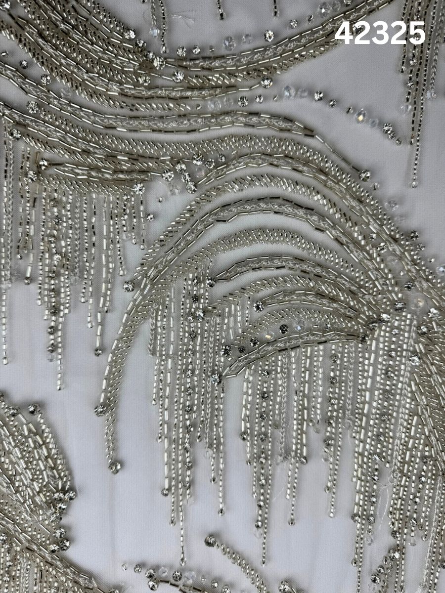 #42325 Elegant Hand-Beaded Fabric with Abstract Design – Intricately Embellished with Rhinestones, Beads, and Crystals for Couture, Bridal, and Luxury Fashion