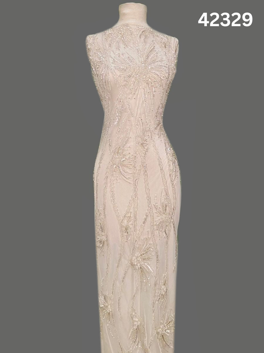 #42329 Luxurious Hand-Beaded Fabric with Abstract Design – Opulently Embellished with Rhinestones, Beads, Sequins, and Crystals for Couture, Bridal, and Eveningwear