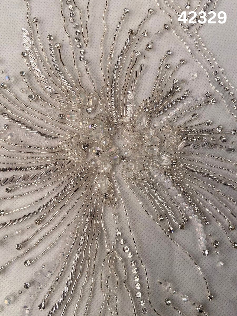 #42329 Luxurious Hand-Beaded Fabric with Abstract Design – Opulently Embellished with Rhinestones, Beads, Sequins, and Crystals for Couture, Bridal, and Eveningwear