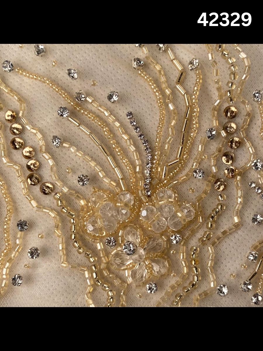 #42329 Luxurious Hand-Beaded Fabric with Abstract Design – Opulently Embellished with Rhinestones, Beads, Sequins, and Crystals for Couture, Bridal, and Eveningwear