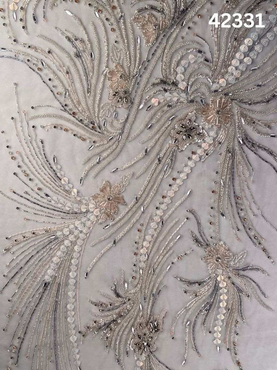 #42331 Vibrant Floral Design Fabric Beaded with Exotic Beads, Rhinestones, and Shell Beads for Fashion and Embroidery