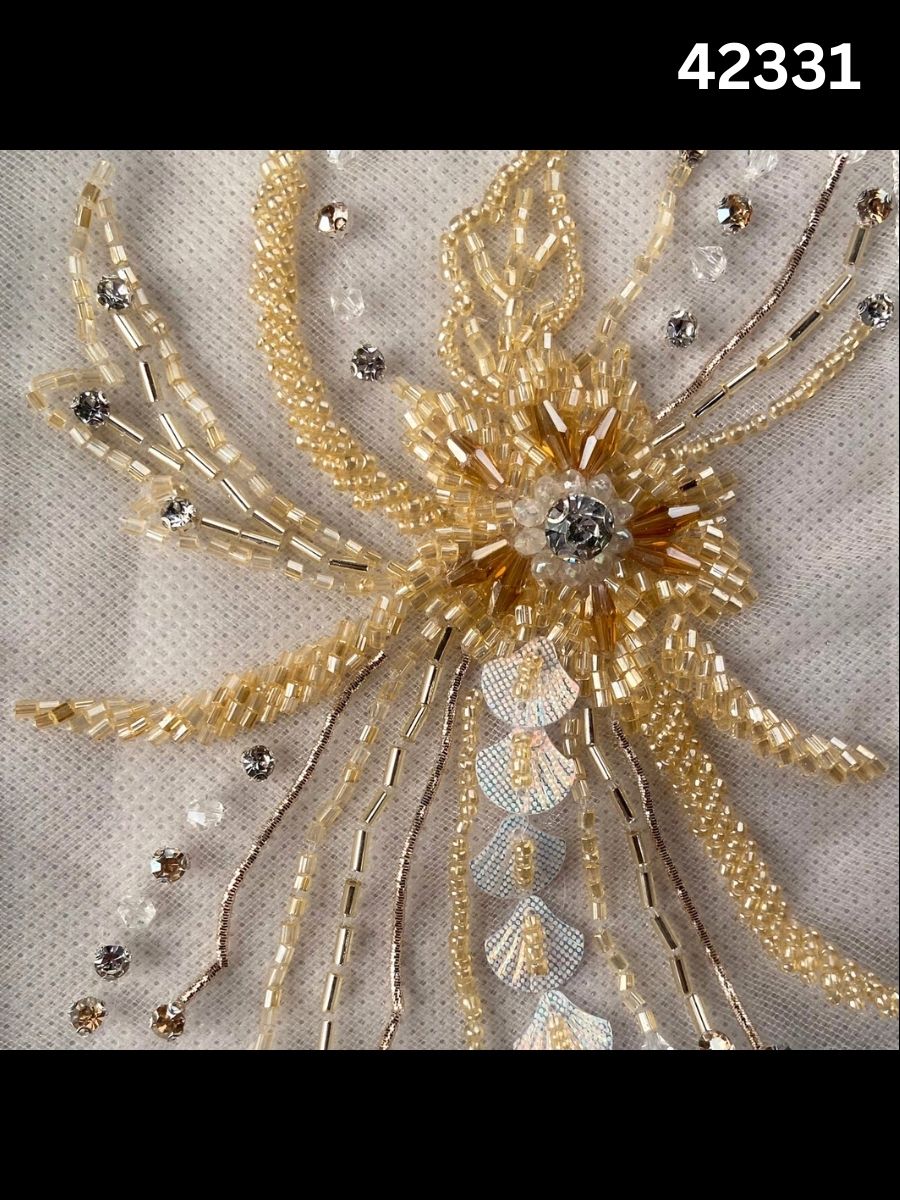 #42331 Vibrant Floral Design Fabric Beaded with Exotic Beads, Rhinestones, and Shell Beads for Fashion and Embroidery