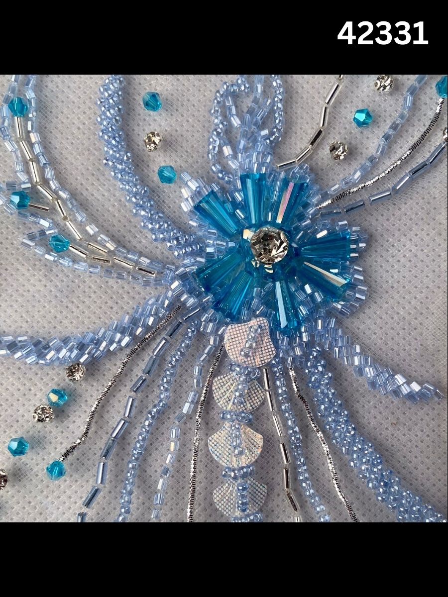 #42331 Vibrant Floral Design Fabric Beaded with Exotic Beads, Rhinestones, and Shell Beads for Fashion and Embroidery