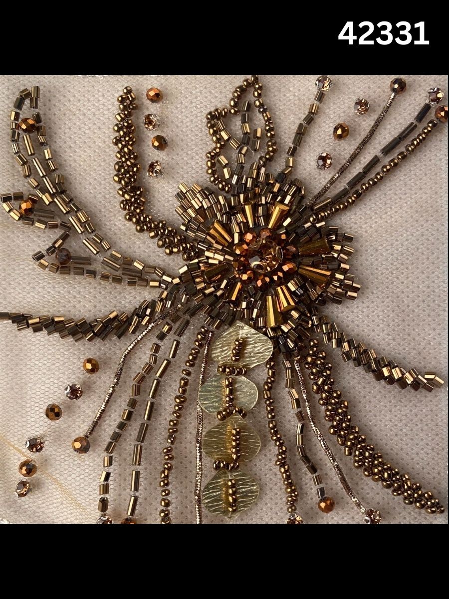 #42331 Vibrant Floral Design Fabric Beaded with Exotic Beads, Rhinestones, and Shell Beads for Fashion and Embroidery