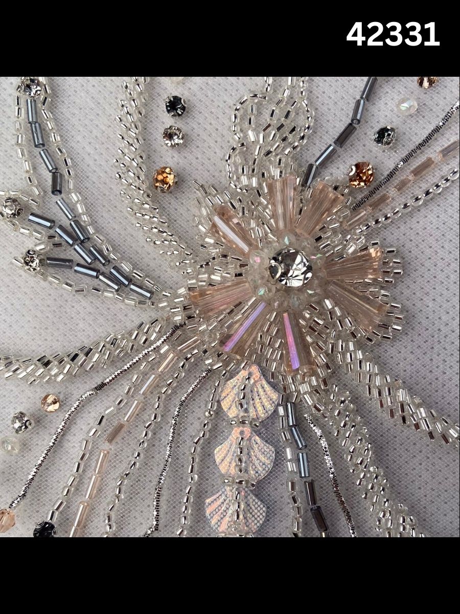 #42331 Vibrant Floral Design Fabric Beaded with Exotic Beads, Rhinestones, and Shell Beads for Fashion and Embroidery