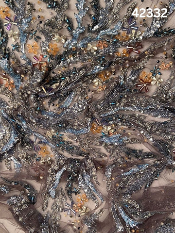 #42332 Vibrant Abstract Design Fabric Beaded with Sequins, Exotic Beads, Rhinestones, and Crystals for Fashion and Embroidery