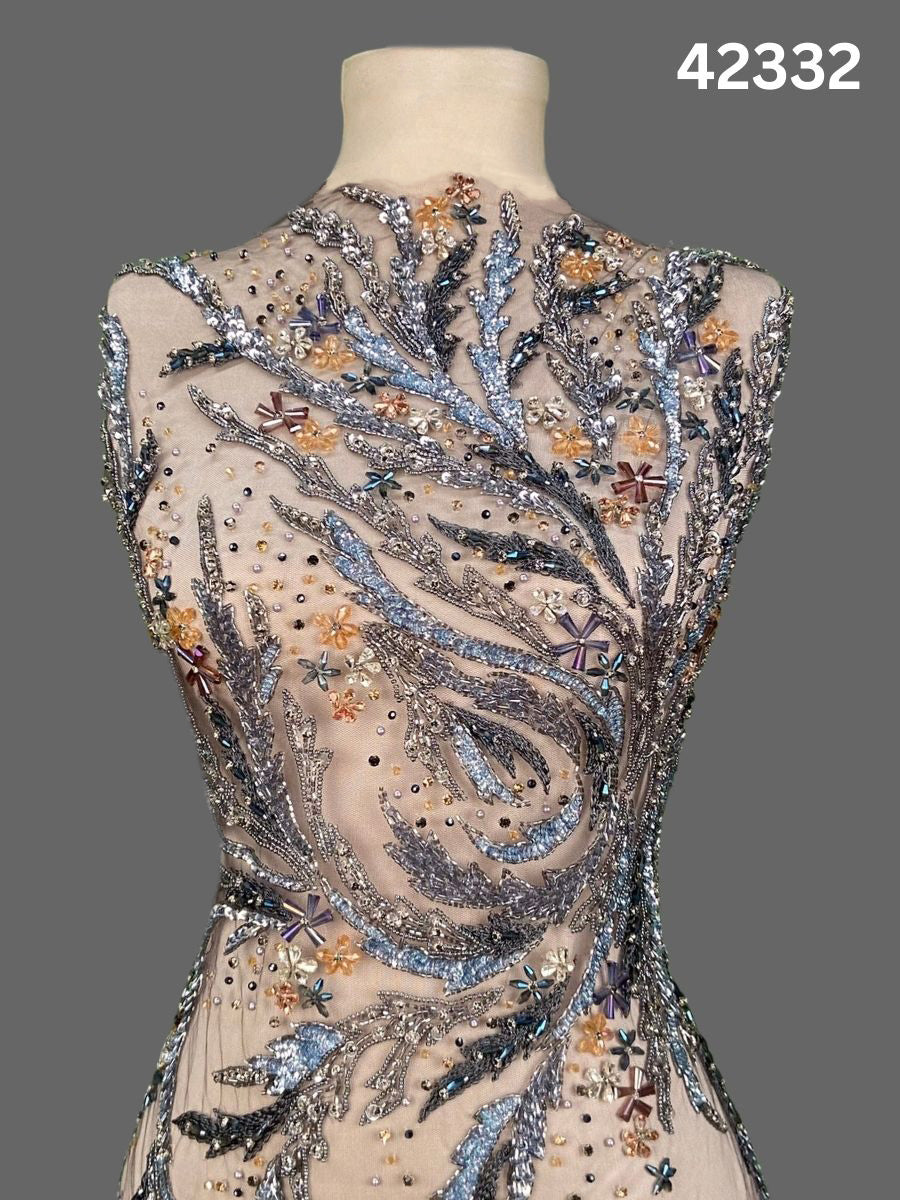 #42332 Vibrant Abstract Design Fabric Beaded with Sequins, Exotic Beads, Rhinestones, and Crystals for Fashion and Embroidery