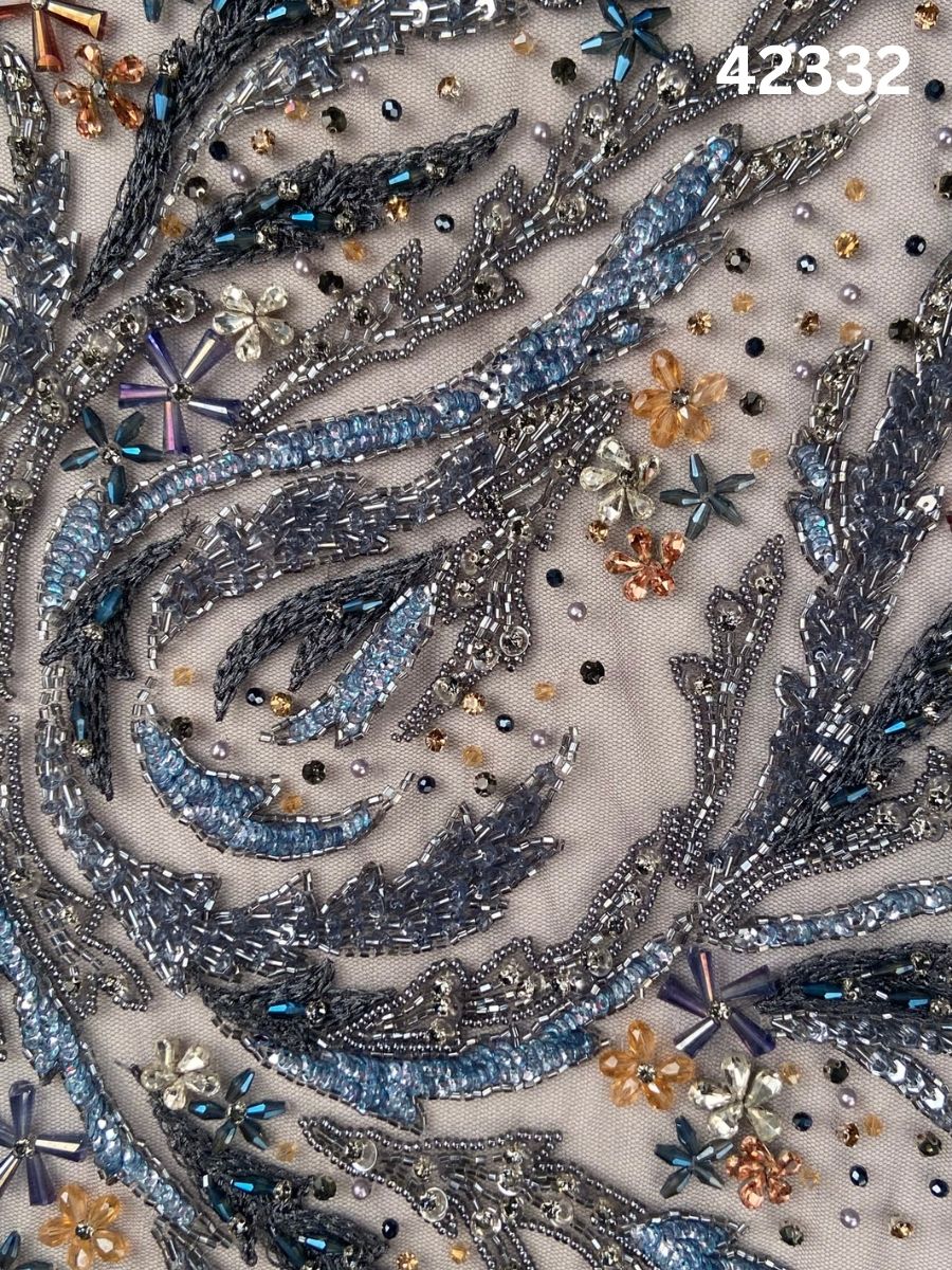 #42332 Vibrant Abstract Design Fabric Beaded with Sequins, Exotic Beads, Rhinestones, and Crystals for Fashion and Embroidery