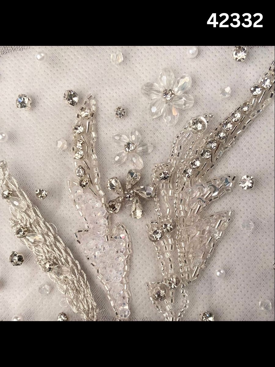 #42332 Vibrant Abstract Design Fabric Beaded with Sequins, Exotic Beads, Rhinestones, and Crystals for Fashion and Embroidery