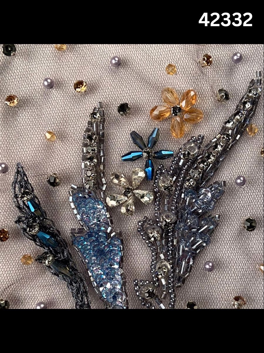 #42332 Vibrant Abstract Design Fabric Beaded with Sequins, Exotic Beads, Rhinestones, and Crystals for Fashion and Embroidery