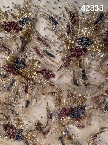#42333 Vibrant Hand-Beaded Fabric with Floral Design – Lavishly Embellished with Beads, Sequins, and Pearls for Couture, Bridal, and High-Fashion Creations