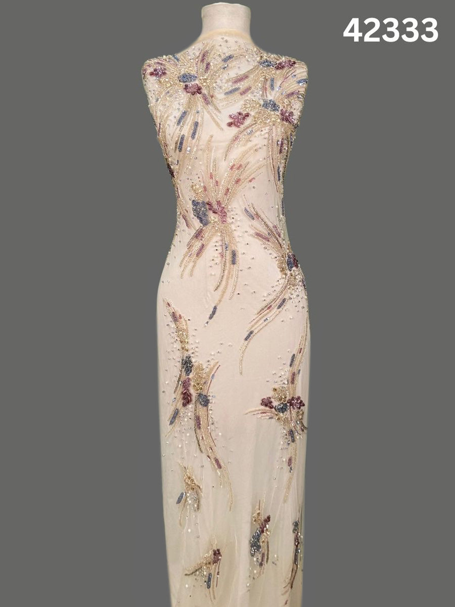 #42333 Vibrant Hand-Beaded Fabric with Floral Design – Lavishly Embellished with Beads, Sequins, and Pearls for Couture, Bridal, and High-Fashion Creations