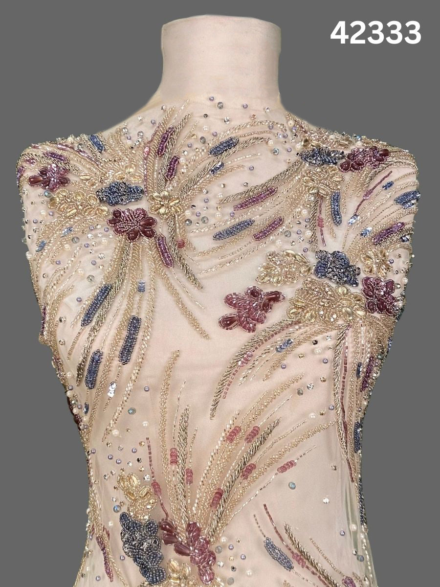 #42333 Vibrant Hand-Beaded Fabric with Floral Design – Lavishly Embellished with Beads, Sequins, and Pearls for Couture, Bridal, and High-Fashion Creations