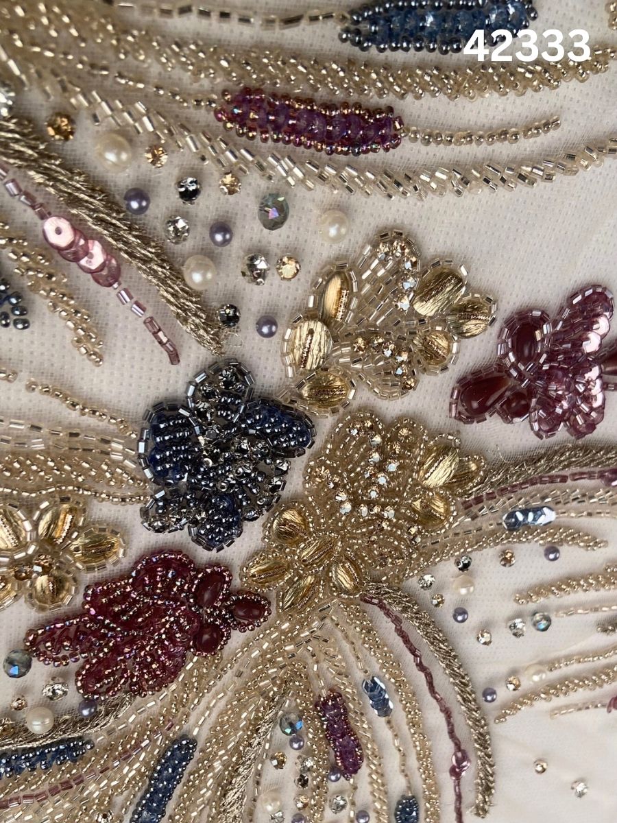 #42333 Vibrant Hand-Beaded Fabric with Floral Design – Lavishly Embellished with Beads, Sequins, and Pearls for Couture, Bridal, and High-Fashion Creations