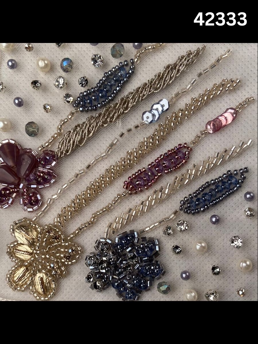 #42333 Vibrant Hand-Beaded Fabric with Floral Design – Lavishly Embellished with Beads, Sequins, and Pearls for Couture, Bridal, and High-Fashion Creations