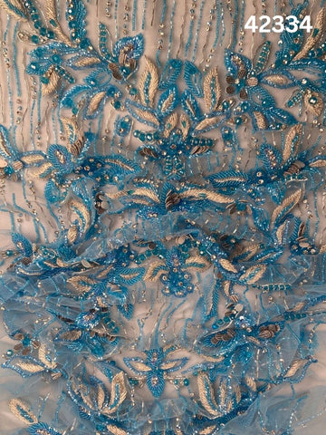 #42334 Delicate Hand-Beaded Fabric with Floral Design – Embellished with Beads, Crystals, Sequins, Rhinestones, and Intricate Thread Work for Couture, Bridal, and Luxury Fashion