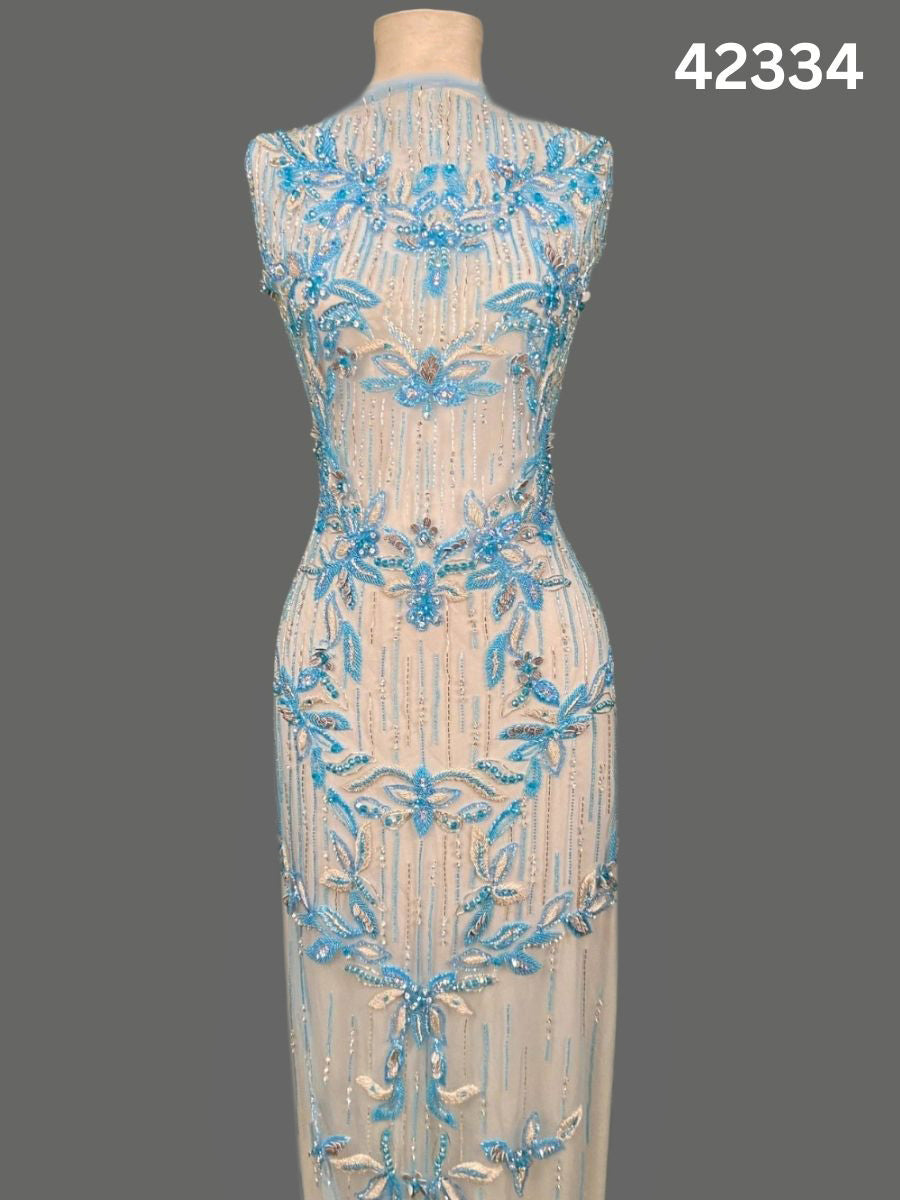 #42334 Delicate Hand-Beaded Fabric with Floral Design – Embellished with Beads, Crystals, Sequins, Rhinestones, and Intricate Thread Work for Couture, Bridal, and Luxury Fashion