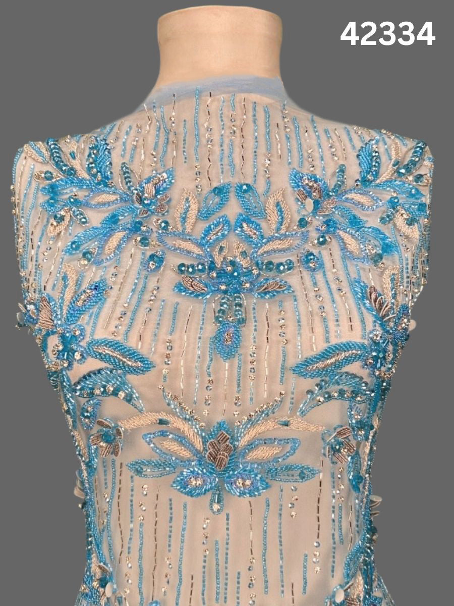 #42334 Delicate Hand-Beaded Fabric with Floral Design – Embellished with Beads, Crystals, Sequins, Rhinestones, and Intricate Thread Work for Couture, Bridal, and Luxury Fashion