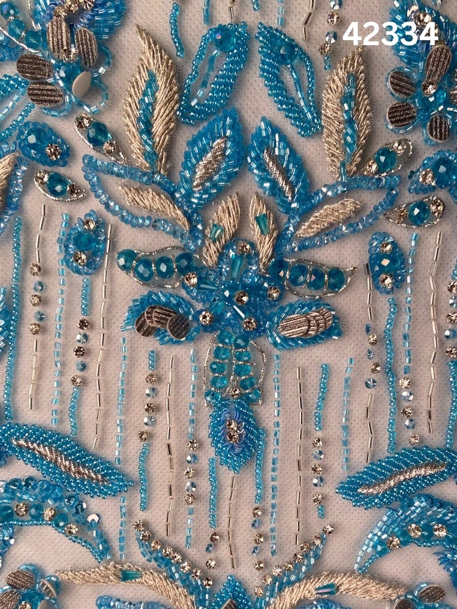 #42334 Delicate Hand-Beaded Fabric with Floral Design – Embellished with Beads, Crystals, Sequins, Rhinestones, and Intricate Thread Work for Couture, Bridal, and Luxury Fashion
