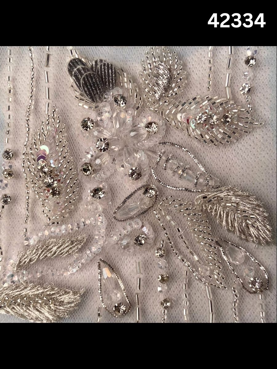 #42334 Delicate Hand-Beaded Fabric with Floral Design – Embellished with Beads, Crystals, Sequins, Rhinestones, and Intricate Thread Work for Couture, Bridal, and Luxury Fashion
